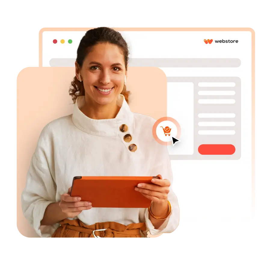 Imagem da estrutura de um site feito na Webstore e uma mulher ao lado, sorrindo com um tablet na mão